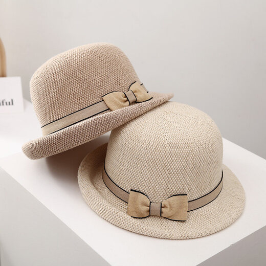 Top Hat Women's Bow Sun Hat Women's Spring, Autumn and Summer Travel Small Brim Rolled Top Hat Breathable Thin Basin Hat Sun Protection Beige Adjustable (54-59cm)