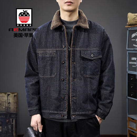 AEMAPE American puree denim lamb velvet denim jacket for men 2025 winter new velvet thickened warm cotton jacket 3128 blue black lamb velvet jacket XL suitable for 145-160Jin Jin equals 0.5 kg