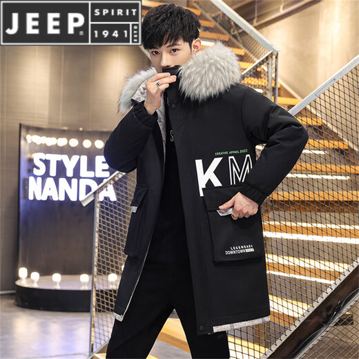 JEEP SPIRIT autumn and winter men's velvet thickened windbreaker men's hooded fur collar mid-length trendy casual warm jacket top black M