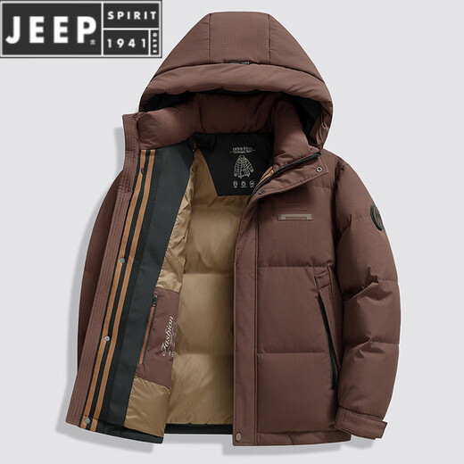 JEEP SPIRIT hooded down jacket for men 2025 winter new outdoor workwear warm and cold-resistant down jacket fashionable heat storage winter wear black brown M 170
