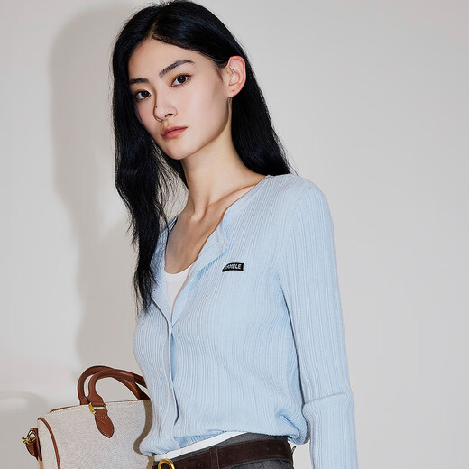 OCHIRLY new product wool pit striped knitted jacket women's cardigan top slim fit and versatile 2026 spring light blue S