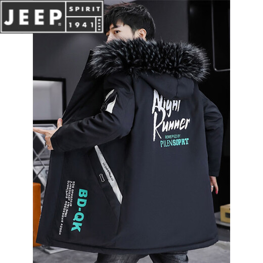 JEEP SPIRIT hooded jacket for men in autumn and winter plus velvet warm parka jacket mid-length style wind clothes men's cotton coat BDQ black gray XL about (135-155Jin Jin is equal to 0.5kg can be worn)
