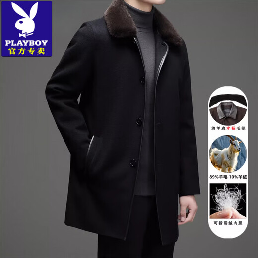 Playboy (PLAYBOY) Wool Cashmere Coat Men's Mid-Length Mink Fur Collar Down Liner Autumn and Winter Thick Woolen Jacket Brown Card (Detachable Mink Fur Collar Down Liner) 2XL Recommended 135-150Jin Jin equals 0.5 kg