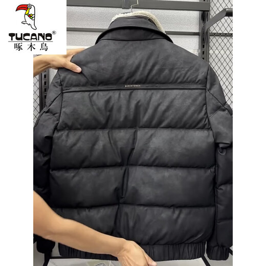 Woodpecker (TUCANO) 2025 winter new leather down jacket men's trendy style detachable fur collar cold-proof jacket thickened winter jacket black M