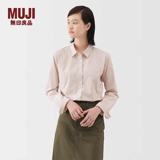 MUJI Women's Washed Plain Shirt Collar Long Sleeve Shirt Undershirt Women's Winter Outer Thin Jacket Pink Stripe M (160/84A)