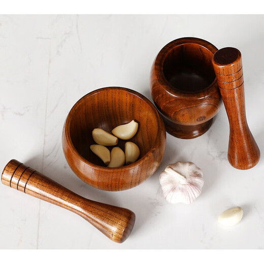 Wanzhuang jujube wood garlic press stone mortar, old-fashioned garlic mortar, household grinder, garlic paste, garlic paste, manual pounding jar, bowl-shaped flat-bottomed jar + garlic pounding stick level one