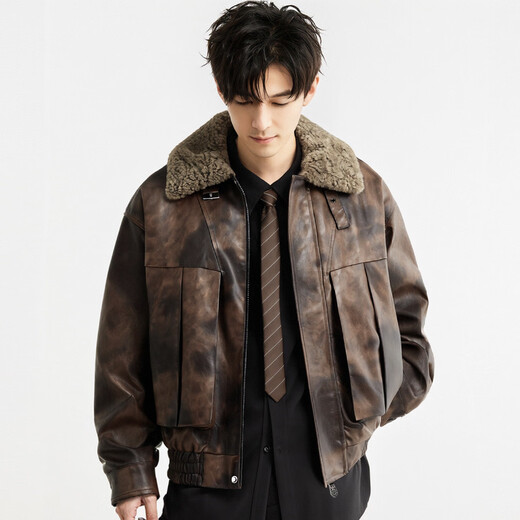 Rich collar 100% sheep wool filled men's leather jacket winter lapel quilted warm retro rub color PU leather jacket for men