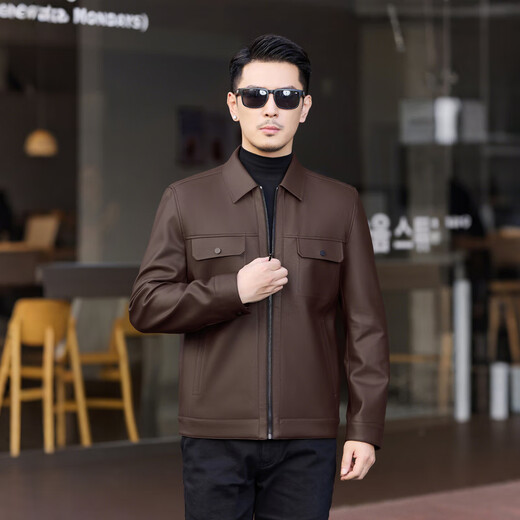 Fei Zhongfei's new men's leather jacket, short style, comfortable and versatile, solid color, crisp collar, brown|8880 XL/180/96A