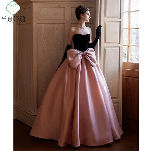 Xiaohongshu’s popular tube top evening dress, high-end light luxury niche French banquet host engagement toast dress princess burgundy tail (comes with gloves + bustle) L