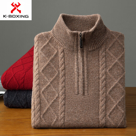 KBXNG Jinba business men's cardigan men's autumn style middle-aged fashion half turtleneck zipper jacquard knitted business camel 3XL 185/56