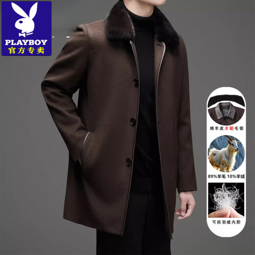 Playboy (PLAYBOY) Wool Cashmere Coat Men's Mid-Length Mink Fur Collar Down Liner Autumn and Winter Thick Woolen Jacket Brown Card (Detachable Mink Fur Collar Down Liner) 2XL Recommended 135-150Jin Jin equals 0.5 kg