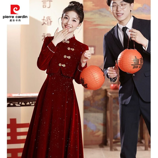 Pierre Cardin New Chinese Toast Wear 2025 New Bride Autumn and Winter Wedding Red Engagement Dress Skirt Women Winter Cheongsam Wedding Dress Burgundy M