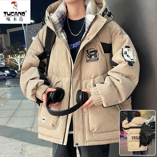 Woodpecker Down Jacket Men's Winter 2025 New Textured Workwear Jacket Men's Hooded Thickened Teenagers' Winter Winter Wear Khaki M