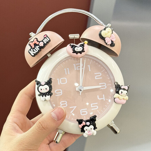 Shijanu KT cat 2024 new alarm clock for students with strong wake-up and silent design for girls and children to get up. Black Kuromi ringer 4-inch alarm clock_free battery_with night light