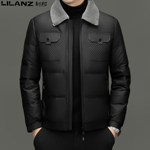 利郎（LILANZ）短款羽绒服男2025新款冬季绵羊毛领中年保暖加厚男士外套 黑色 FSM-2373 XL 180