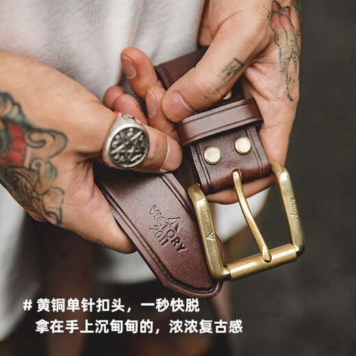 Madden Workwear American Retro Top Layer Vegetable Tanned Cowhide Belt Brass Single Needle Buckle Genuine Leather Belt Tough Guy Pants Belt Men Dark Brown
