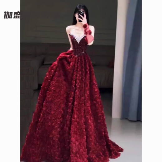 Meianjia Toast Wear Bridal Light Luxurious New Engagement Dress Burgundy Temperament Beautiful Rose Light Wedding Dress Burgundy L
