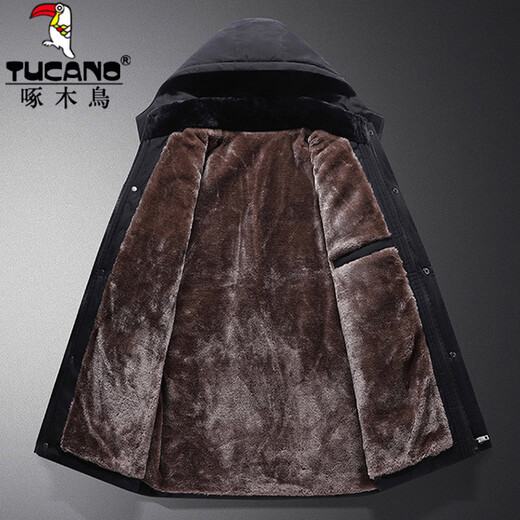 Woodpecker (TUCANO) cotton coat men's velvet thickened coat autumn and winter middle-aged and elderly cotton coat large size dad casual jacket warm cotton jacket black velvet style 3XL recommended weight 150-165Jin Jin equals 0.5 kg