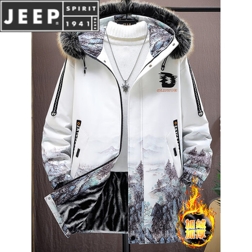 JEEP SPIRIT mid-length jacket for men in autumn and winter plus velvet and thickened large fur collar windbreaker jacket gradient color warm parka for men 717 white plus velvet and thickened M about 90-110Jin Jin is equal to 0.5 kg