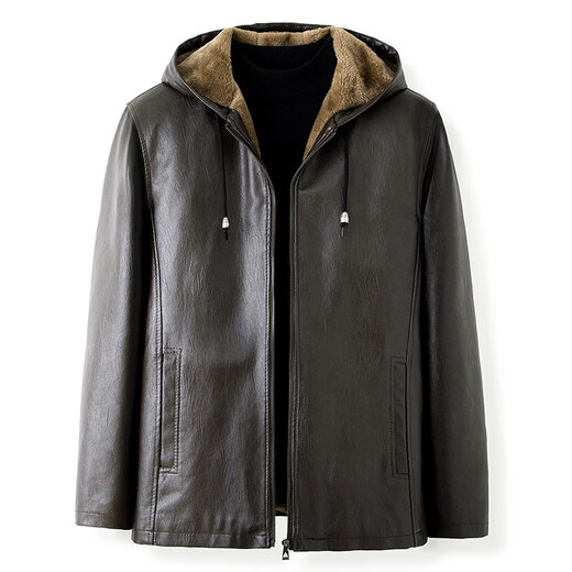 Dragon Tooth autumn and winter middle-aged and elderly leather jacket hooded men's leather jacket large size loose casual dad wear velvet thickened jacket 105 coffee color M 165__95-115Jin Jin is equal to 0.5 kg