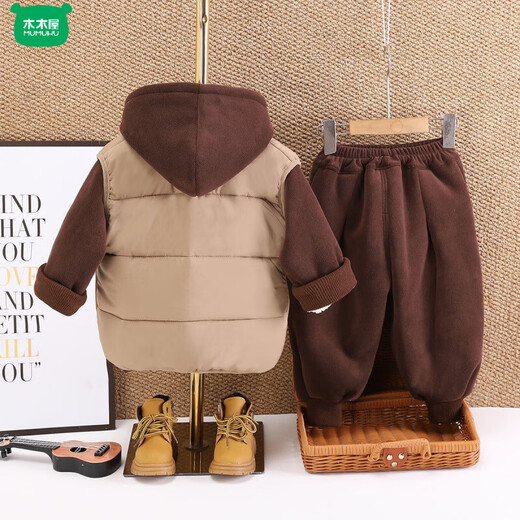 Wooden wooden house boys' winter velvet thickened cotton coat vest three-piece set baby children's winter hooded sweatshirt suit western style clothes brown X24081 bear vest three-piece set thickened 80