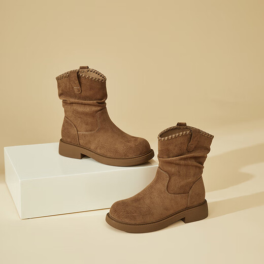 DAPHNE Daphne Retro Velvet Warm Short Boots Women's New Winter Western Cowboy Boots Slim Women's Boots Winter Caramel Color Velvet Heel Height 4cm 35 (225mm) Standard Size