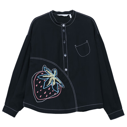 MOVEUP 2026 Spring New Style.FUN Series Pure Cotton Off-Shoulder Contrast Color Thread Embroidered Short Shirt for Women Black L