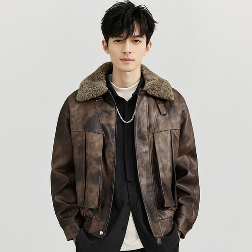 Rich collar 100% sheep wool filled men's leather jacket winter lapel quilted warm retro rub color PU leather jacket for men