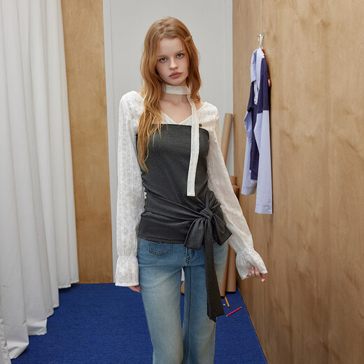 UNIFREE plus+ large size series 26 spring French girly style strap waist design shirt and tie gray S