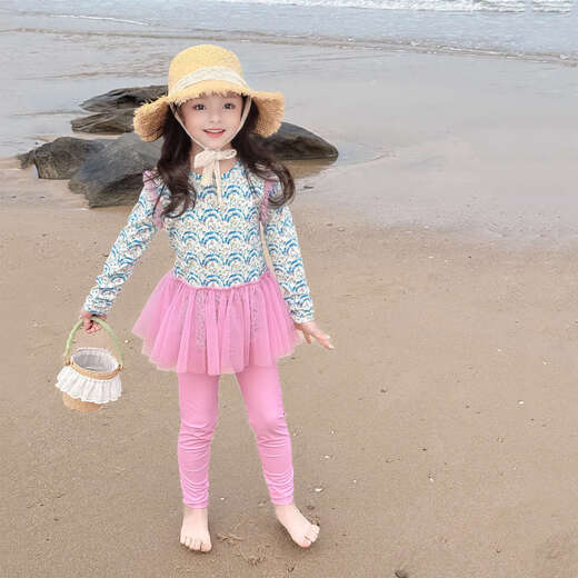 Big Tuan Xiaoyuan Girls' Long Sleeve Sunscreen Two-piece Swimsuit Suit Summer New Advanced Sweet Swimsuit Children's Quick-drying Dry Pink Free Swimming Cap 100 Sizes