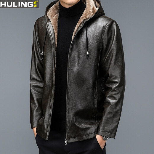 Dragon Tooth autumn and winter middle-aged and elderly leather jacket hooded men's leather jacket large size loose casual dad wear velvet thickened jacket 105 coffee color M 165__95-115Jin Jin is equal to 0.5 kg