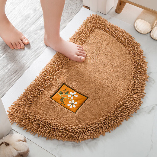 Fantasy chenille absorbent floor mat, Nordic style pure cotton door mat, anti-slip household foot mat, semi-circle + dark coffee 50x80cm, free anti-slip mesh mat