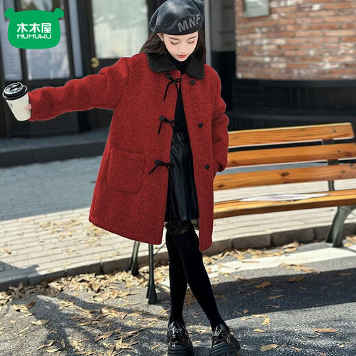 Mumuwu (mumuwu) girls' coat winter 2026 new style for big children and girls autumn and winter velvet thickened woolen children's woolen coat red QSY-9997 bow woolen coat 150