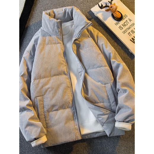 Playboy в горизонтальном стиле, модный высококачественный белый утиный пух, легкий и тонкий пуховик, мужской зимний вельветовый пиджак в американском стиле с воротником-стойкой для мужчин, железно-серый M (90-105Jin Jin равен 0,5 кг)