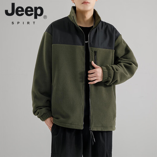 JEEP SPIRIT American Austrian Velvet Casual Stand Collar Jacket Men's 2026 Autumn and Winter New Windproof Versatile Color Block Cardigan Jacket Black M