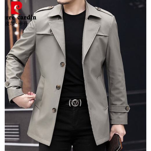 Pierre Cardin high-end men's windbreaker short high-end business casual British style jacket men's casual lapel spring and autumn windbreaker top Khaki M 170