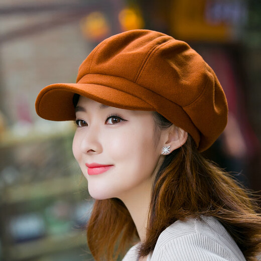 Odaixiu small head circumference hat women's beret Korean style wool octagonal British retro autumn and winter trendy versatile Japanese style literature and art burgundy M adjustable (54-59c)
