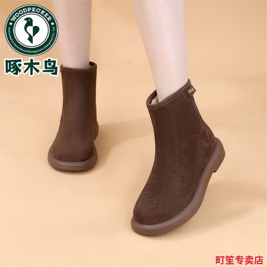Woodpecker Italy imported genuine leather flat wool snow boots for women winter new style plus velvet thickened versatile warm short boots black 38