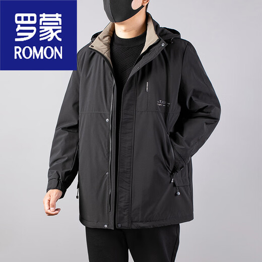 罗蒙（ROMON）高端大码中长款风衣中年胖男秋冬加绒保暖外套加肥加大宽松薄棉衣 黑色 5XL 230-240斤