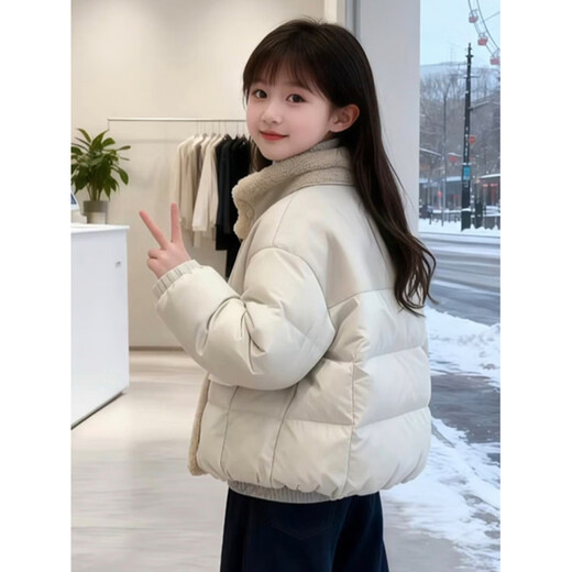 Disney Down Jacket Girls' Cotton Clothes Winter New Style Children's Style Korean Style Spliced Cotton Clothes Winter Girls' Padded Clothes Thickened Outer Cotton Clothes Style Beige Color 120 cm Card Code Take One Size Larger