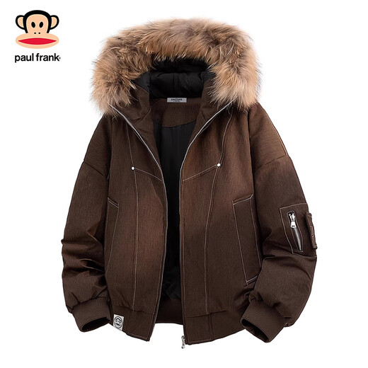 大嘴猴（paul frank）日系复古休闲毛领连帽羽绒服男士2025年冬季新款宽松保暖舒适上衣 黑色 【90%白鸭绒】 2XL 【建议155-180斤】