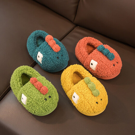 Shijanu Little Dinosaur Children's Cotton Slippers Boys Indoor Non-Slip 2-3 Years Old Bag Heels Infants and Toddlers Baby Plush Cotton Slippers Women Yellow Square Eyed Dinosaur 14cm Inner Length