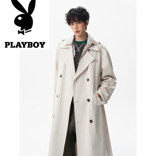 花花公子（PLAYBOY）中长款排扣过膝黑色风衣男生潮牌秋季新款宽松英伦风痞帅大衣外套 黑色 M