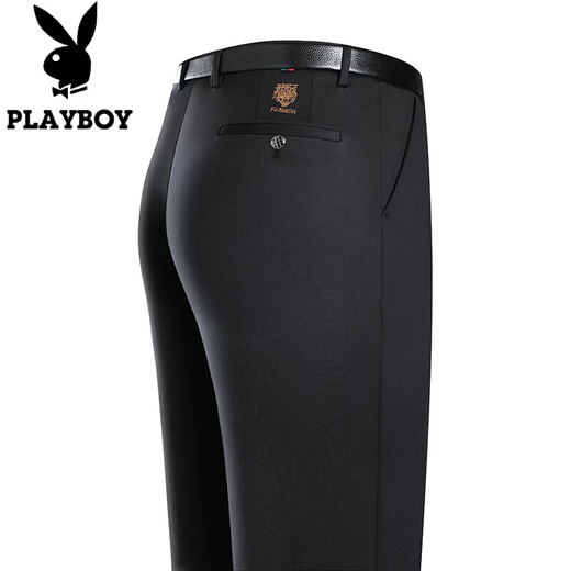 花花公子（PLAYBOY）休闲裤男士春秋款直筒宽松裤子男商务舒适弹力免烫西装裤长裤男装 686A黑色常规 30 约110-120斤可穿