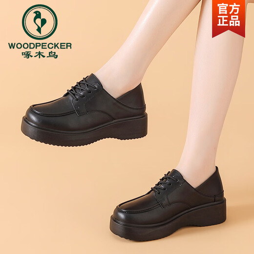 Woodpecker Thick-soled British Small Leather Shoes for Women Spring and Autumn New Versatile Loafers Platform Poop-feeling Genuine Leather Soft-soled Black Leather Shoes Black 35