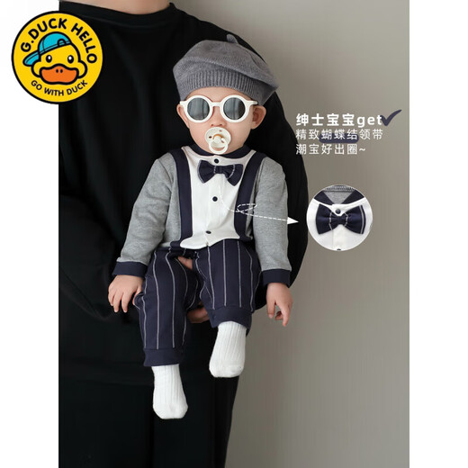 G.duck baby boy one-year-old dress autumn new infant long-sleeved jumpsuit autumn full month baby clothes for a hundred days outing blue tie romper 59cm (recommended 12Jin Jin equals 0.5kg)