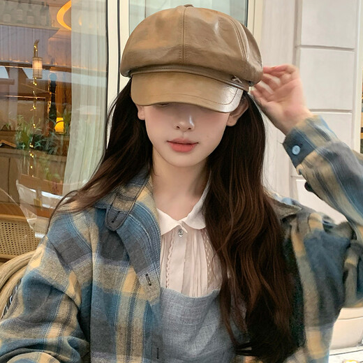 Beret PU leather octagonal hat for women, literary retro leather hat, autumn and winter newsboy hat, British versatile duck bill painter hat, brown M (56-58cm