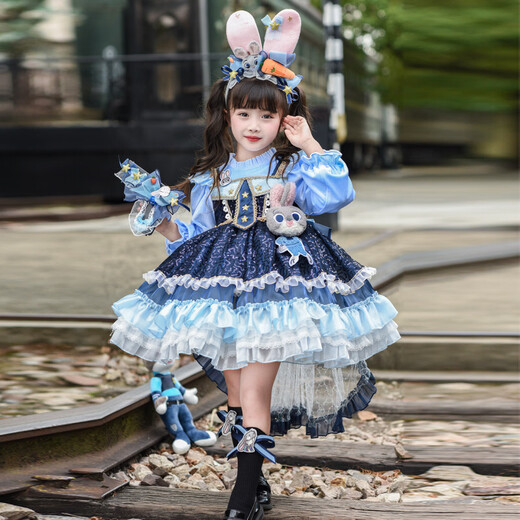 Chongyou Judy Rabbit Officer Dress Children's velvet winter girl's autumn and winter baby Lolita princess dress Rabbit pendant + headband + socks + panniers + rabbit velvet skirt Ready in stock with drag 100 cm