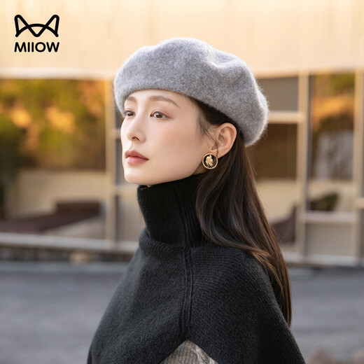 Catman Japanese woolen beret women's autumn and winter new British retro painter's hat Korean style gray women's beret gray one size 55-59cm