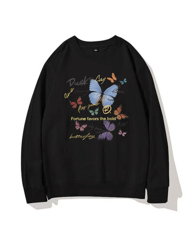 Xiaohongshu popular model Ni Ni star same style black round neck sweatshirt for women 2025 autumn and winter new loose trendy brand niche black thin sweatshirt S one size